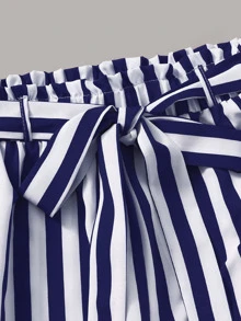 SHEIN LUNE Frilled Button Bardot Top & Striped Paperbag Waist Trousers Set - Multicolor - View 4