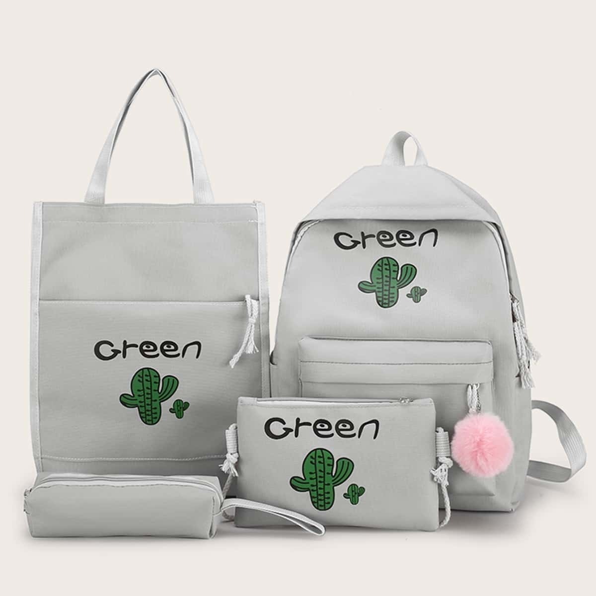 

Cactus Print Pom Pom Decor Backpack With Pencil Case 4pcs, Grey
