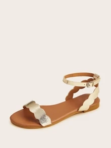 時尚戶外舒適涼鞋適用於女士金屬質感波浪邊人造皮革露趾踝帶平底涼鞋