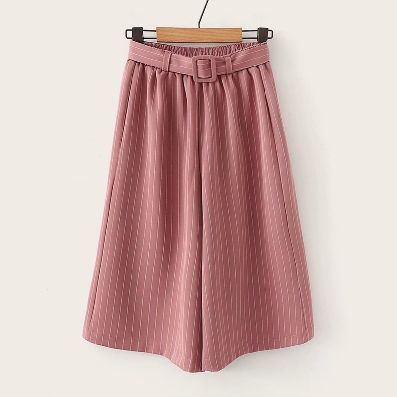 

Vertical-Striped Wide Leg Belted Shorts, Pink