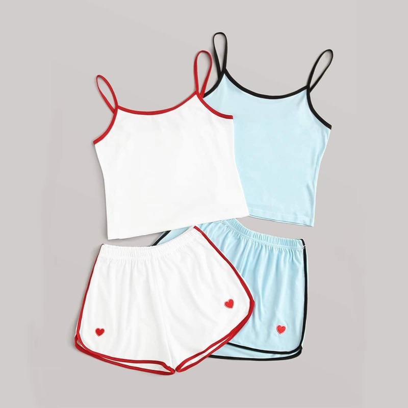 

2Pcs Contrast Binding Cami Pajama Set, Multicolor