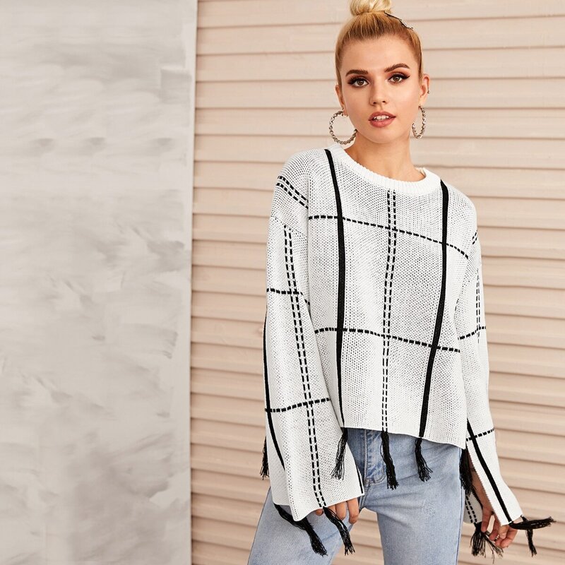 

Plaid Fringe Hem Drop Shoulder Sweater, White