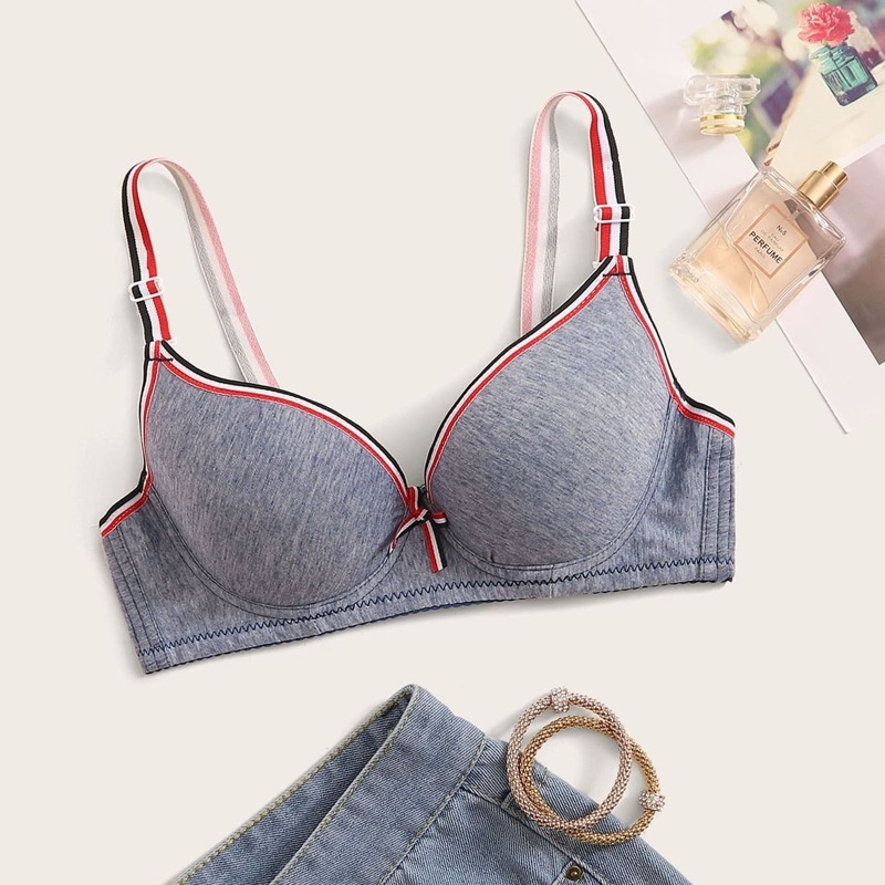 

Striped Trim Underwire Bra, Grey