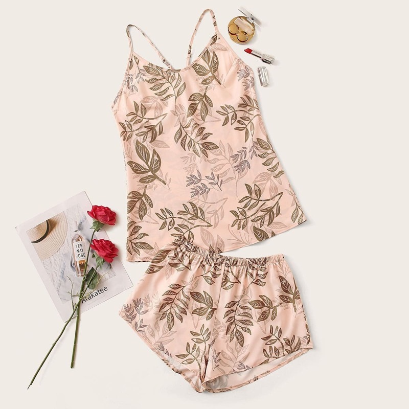 

Leaf Print Cami Pajama Set, Multicolor