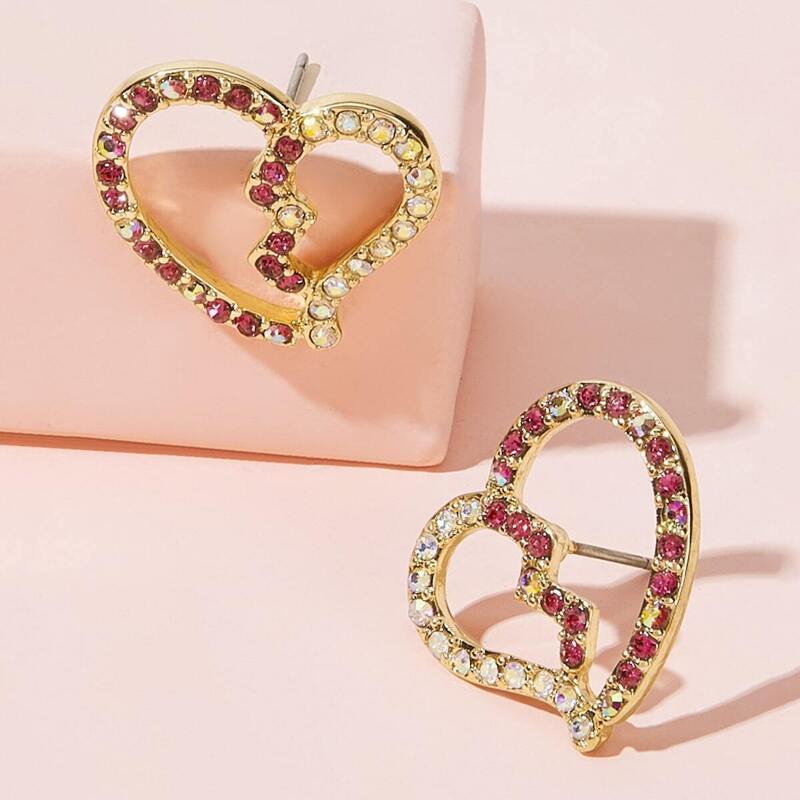 

Two Tone Rhinestone Engraved Heart Earrings 1pair, Multicolor