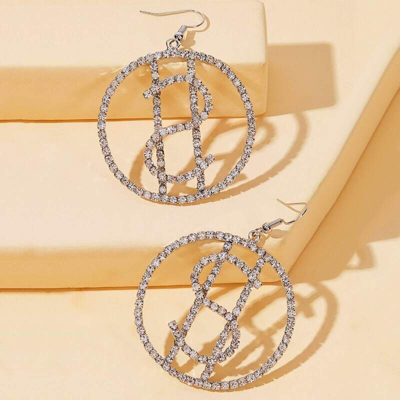 

Rhinestone Engraved Dollar Decor Hoop Drop Earrings 1pair, Silver