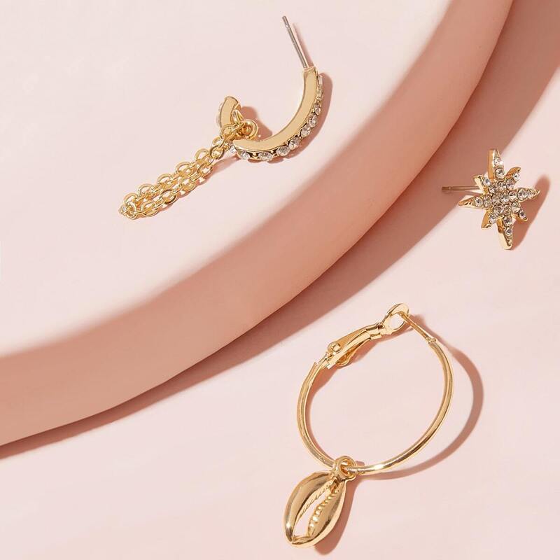 

Rhinestone Engraved Star & Shell Drop Earrings 3pcs, Gold