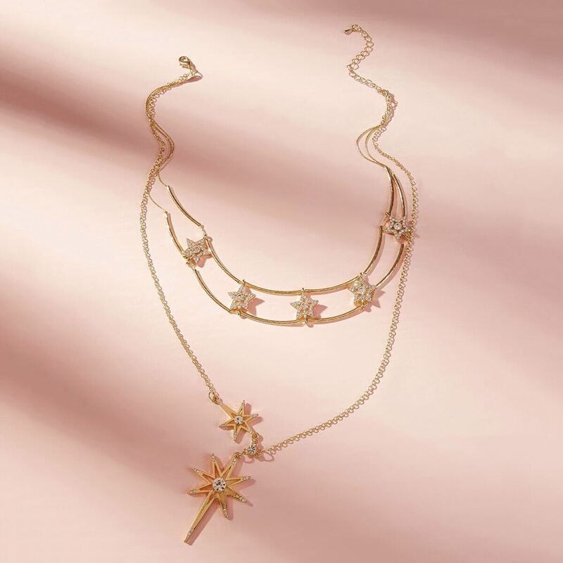 

Rhinestone Engraved Star Charm Layered Necklace 1pc, Gold