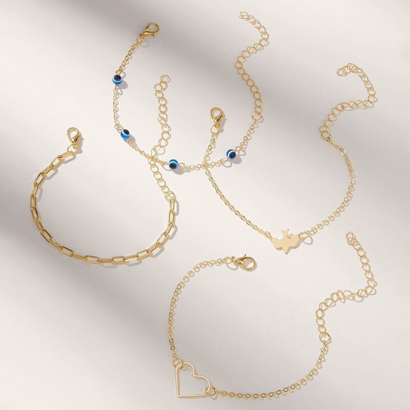 

Heart & Sparrow Decor Chain Bracelet 4pcs, Gold