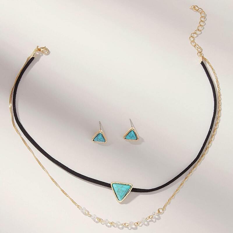 

Geometric Turquoise Decor Layered Necklace & Earrings 3pcs