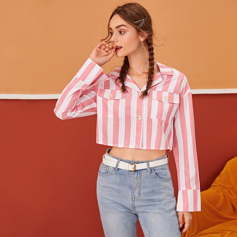 

Double Pocket Striped Crop Blouse, Pink