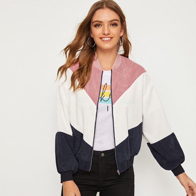 

Cut-and-sew Zip Up Bomber Cord Jacket, Multicolor