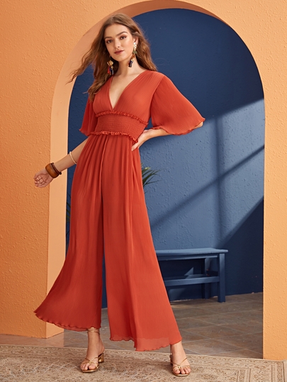 Plunging Neck Frill Trim Shirred Waist Pleated Jumpsuit