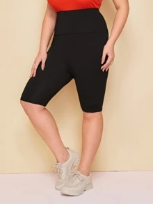 SHEIN LUNE Plus Wide Band Waist Cycling Shorts - Black - View 1