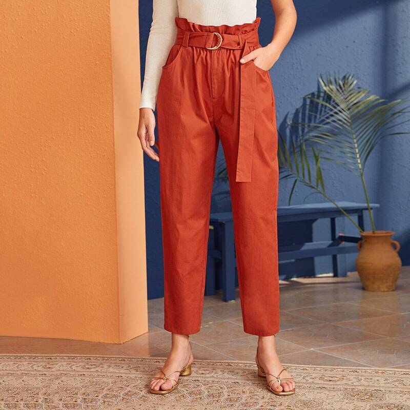 

Solid Paperbag Waist Cigarette Pants, Orange