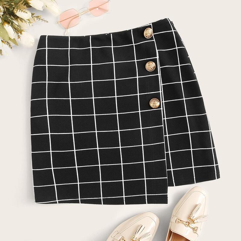 

Button Detail Wrap Grid Skirt, Black