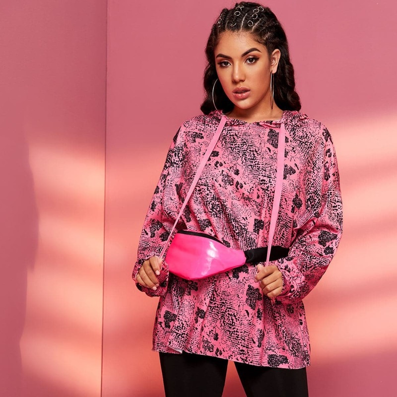 

Snakeskin Print Hooded Sweatshirt Without Bag, Pink bright