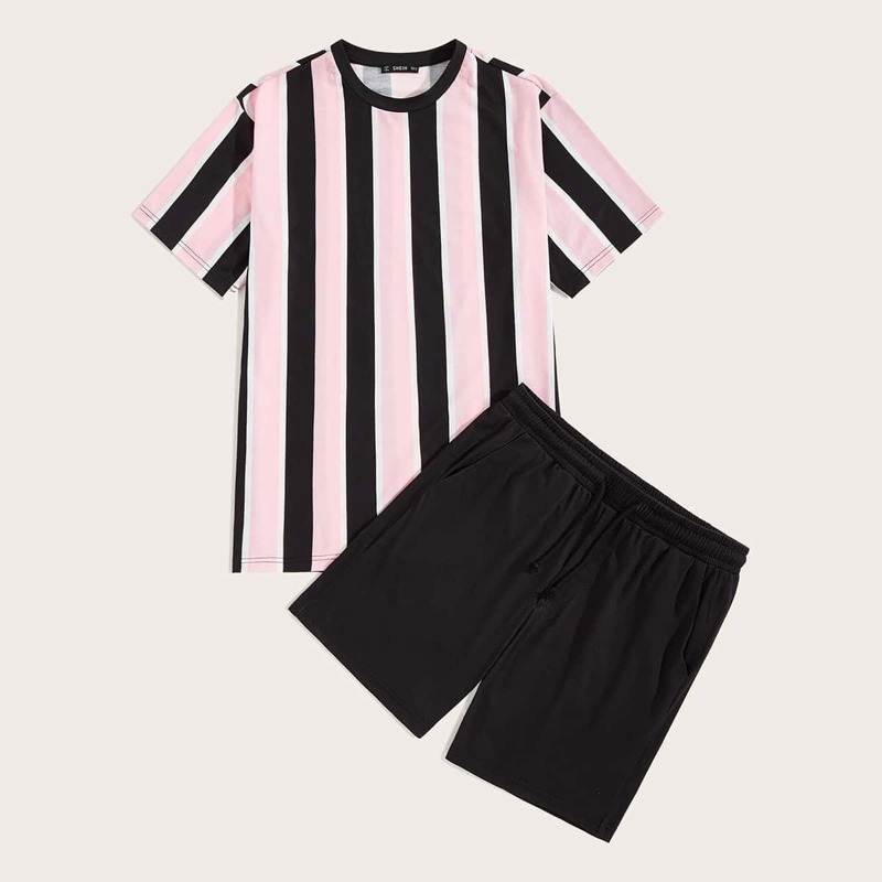 

Guys Striped Print Tee & Solid Drawstring Waist Shorts Set, Multicolor