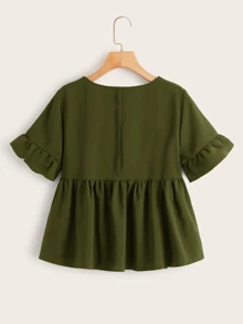 SHEIN Ruffle Cuff Smock Top - Army Green - View 2