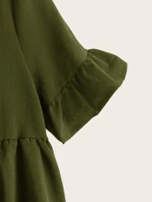 SHEIN Ruffle Cuff Smock Top - Army Green - View 3