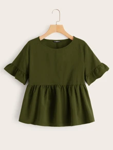 SHEIN Ruffle Cuff Smock Top - Army Green - View 1