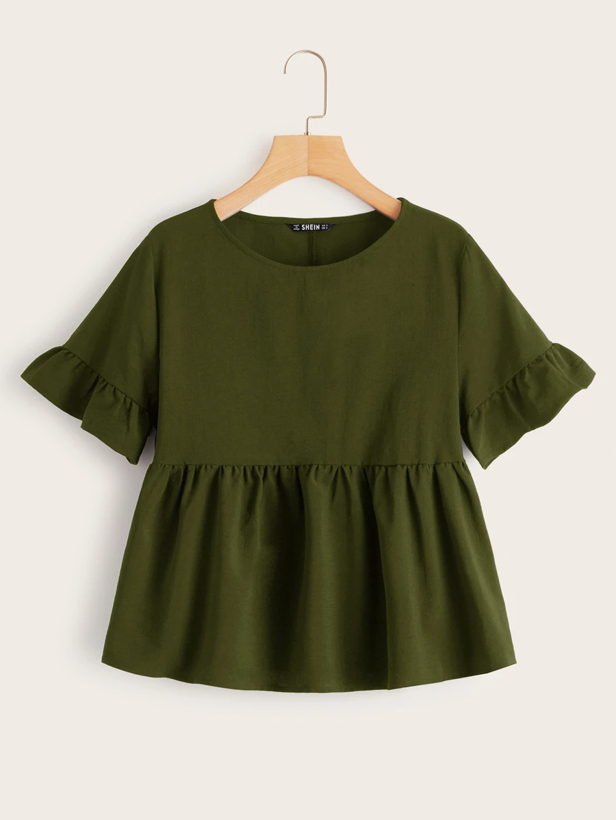 SHEIN Ruffle Cuff Smock Top - Army Green - View 1