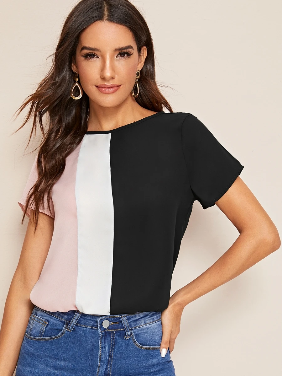 SHEIN Keyhole Back Colorblock Top - Multicolor - View 1