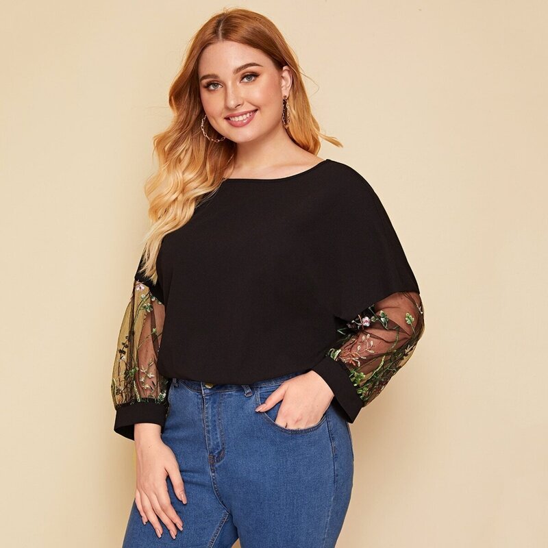 

Plus Embroidered Mesh Sleeve Top, Black