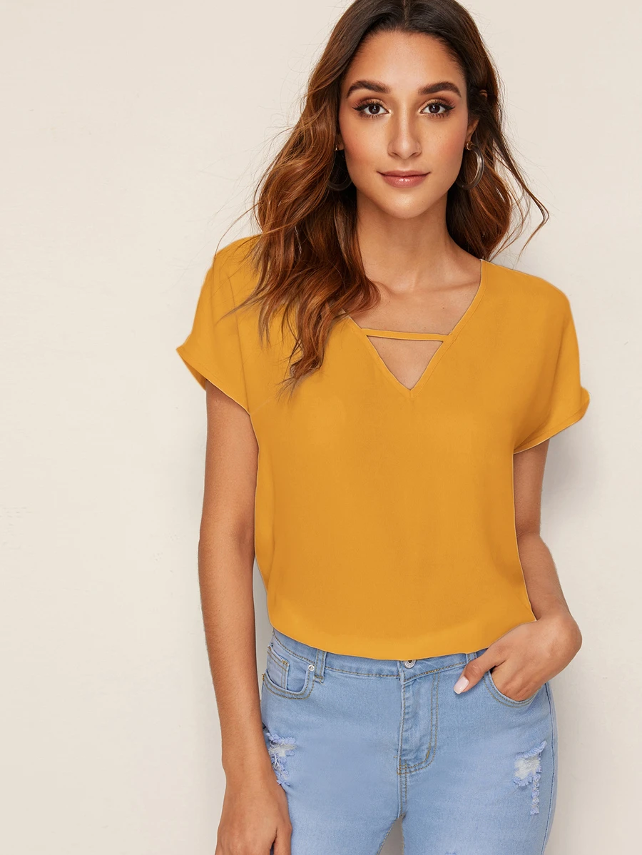 SHEIN LUNE Top unicolor cortado V - Mostaza Amarilla - Ver 1
