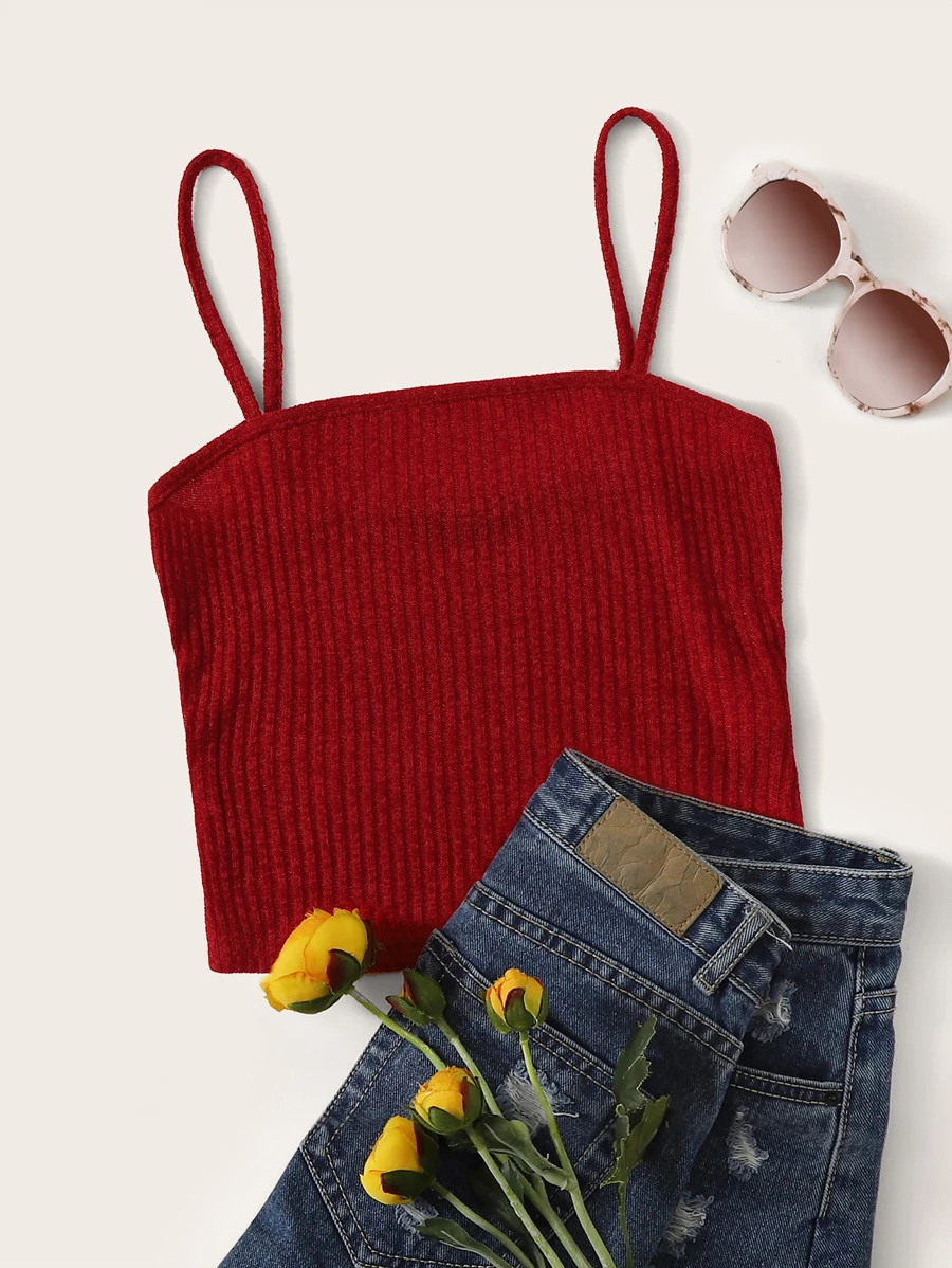 SHEIN 羅紋針織吊帶上衣 - 酒紅色 - 查看 1