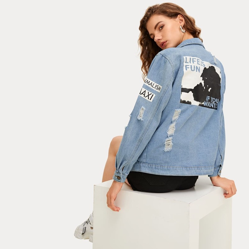 

Letter Print Ripped Denim Jacket, Blue