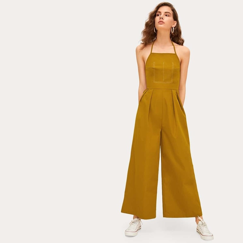 

Backless Wide Leg Halter Jumpsuit, Yellow