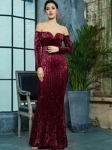LOVE&LEMONADE Off Shoulder Sequin Floor Length Dress - Burgundy - View 4
