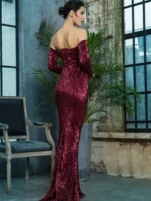 LOVE&LEMONADE Off Shoulder Sequin Floor Length Dress - Burgundy - View 2