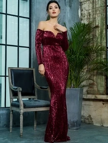 LOVE&LEMONADE Off Shoulder Sequin Floor Length Dress - Burgundy - View 1