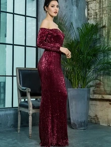 LOVE&LEMONADE Off Shoulder Sequin Floor Length Dress - Burgundy - View 3