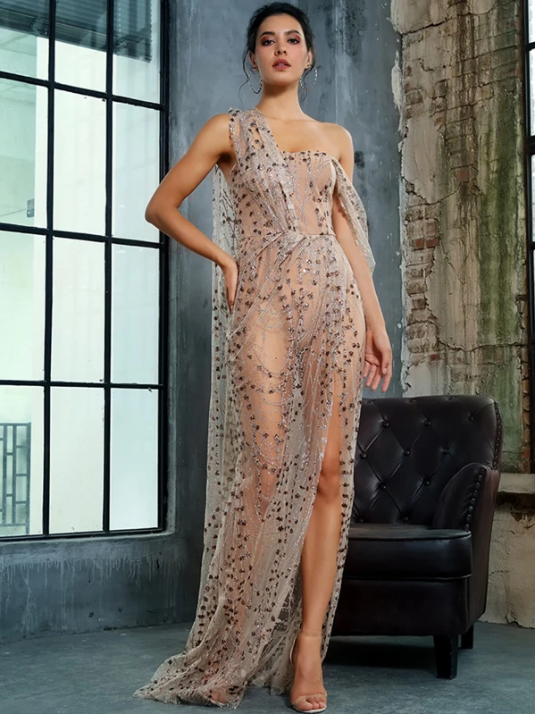 LOVE\u0026LEMONADE Robe transparente fendue à sequins