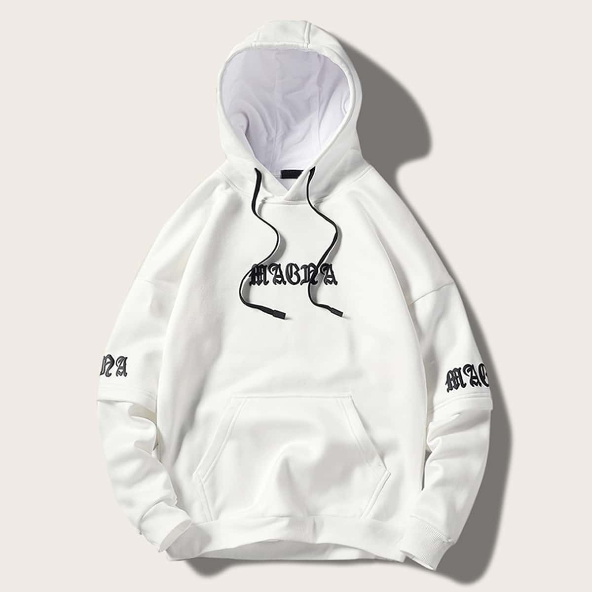 

Men Letter Print Drawstring Hoodie, White