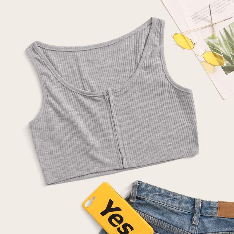 

Zip Up Rib-knit Tank Top, Grey
