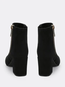 Almond Toe Zipper Detail Chunky Heel Booties - Black - View 4