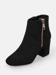 Almond Toe Zipper Detail Chunky Heel Booties - Black - View 2