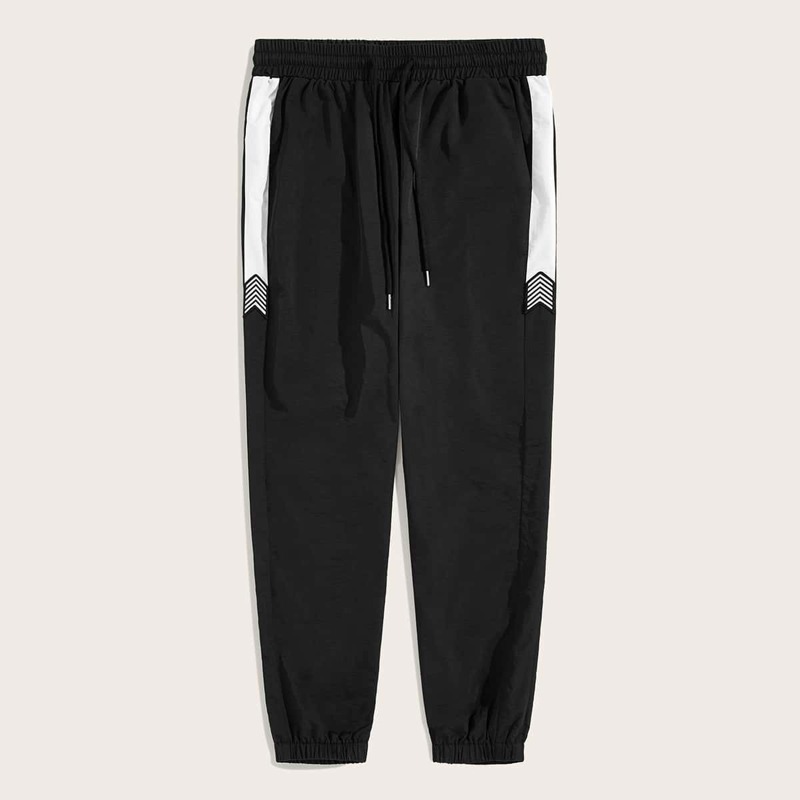 

Guys Patched Detail Two Tone Drawstring Waist Pants, Black