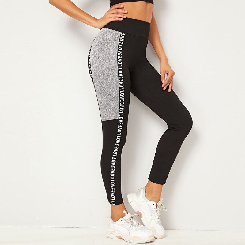 

Heathered Knit Panel Letter Tape Side Leggings, Black