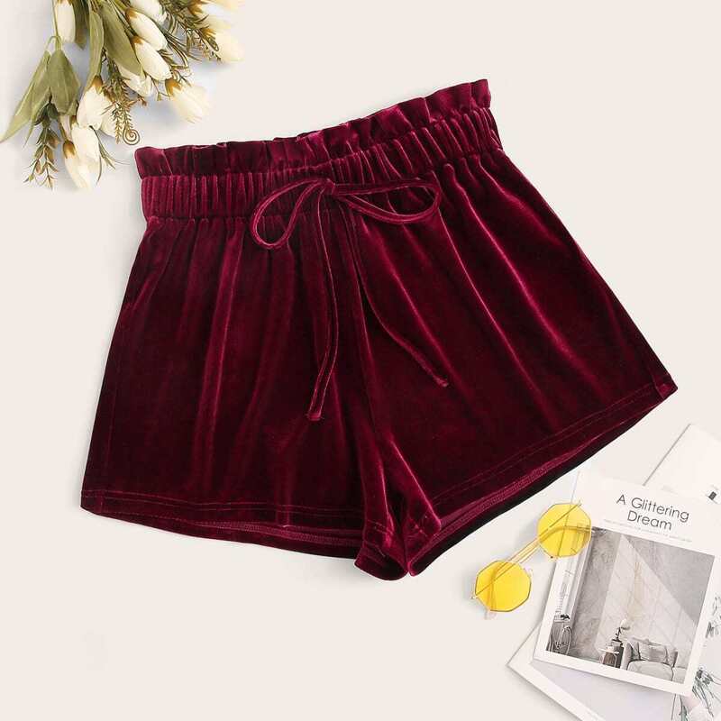 

Paperbag Waist Tie Front Velvet Shorts, Burgundy