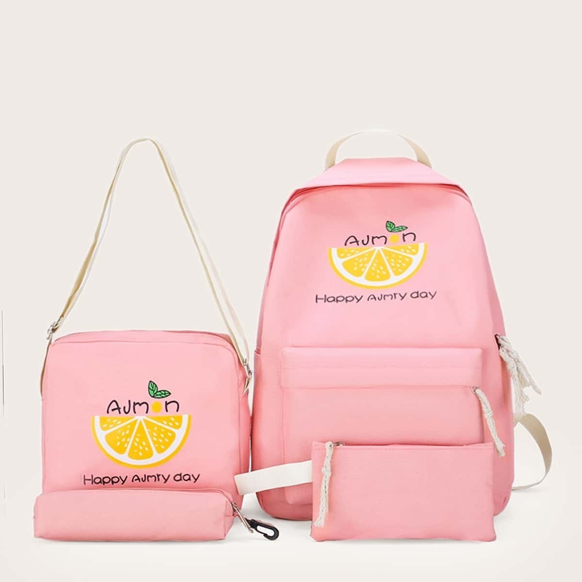 

Fruit Print Backpack With Pencil Case 4pcs, Pink