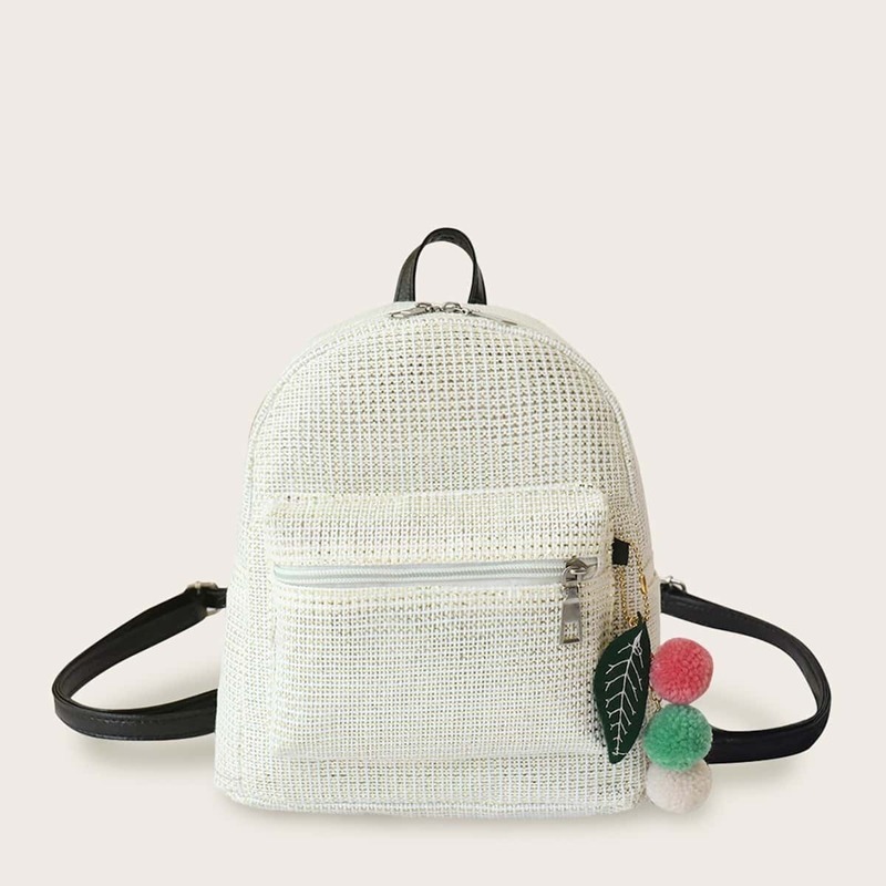 

Pom Pom Decor Pocket Front Backpack, White