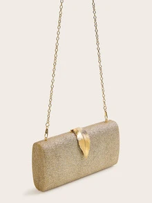 Metal Leaf Decor Glitter Evening Bag - Gold - View 3