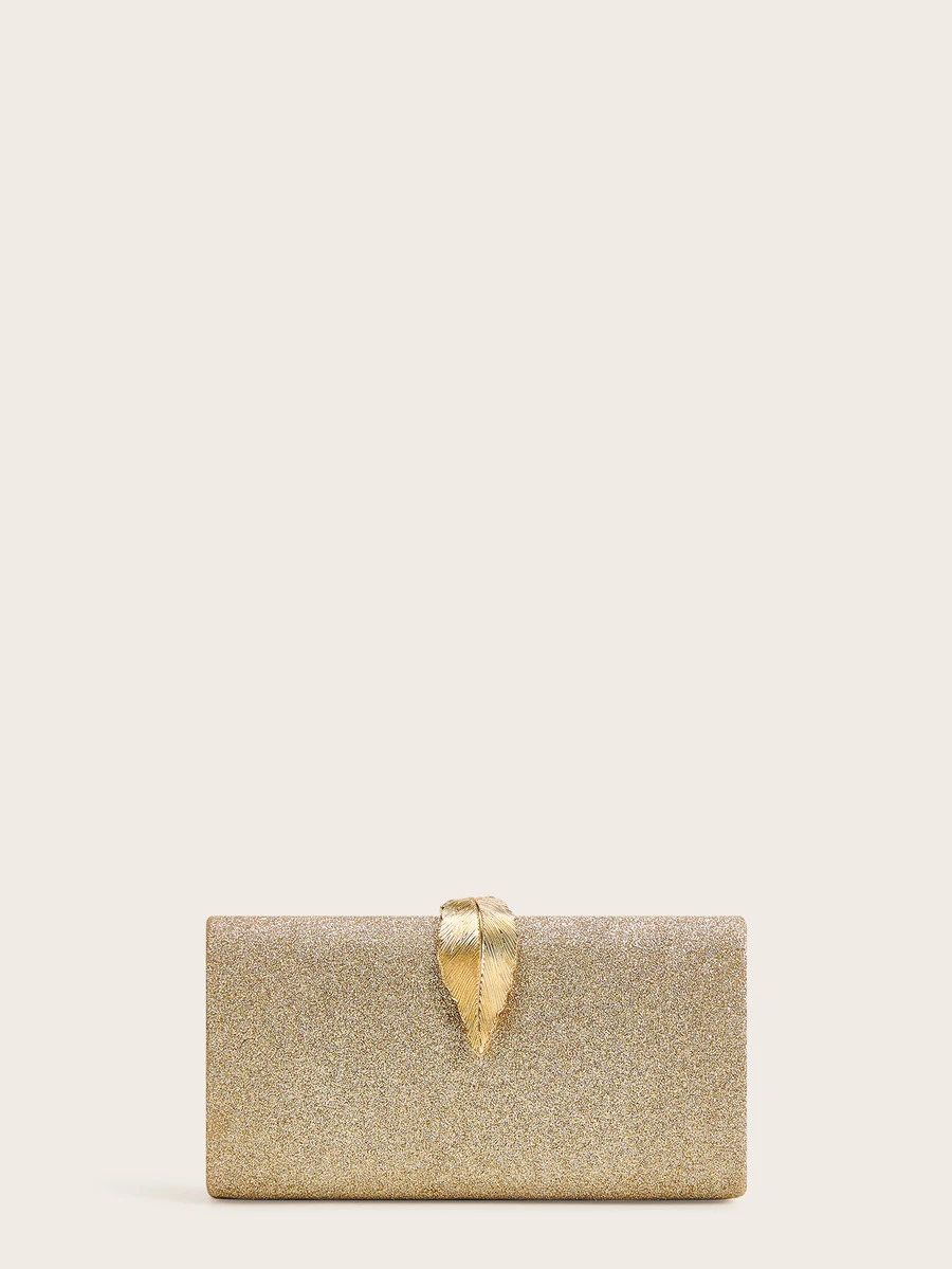 Metal Leaf Decor Glitter Evening Bag - Gold - View 1
