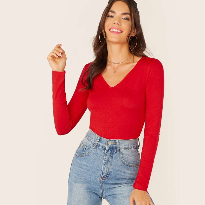 

V-cut Neck Form Fitted Tee, Red