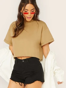 SHEIN EZwear Top de hombros caídos unicolor - Caqui - Ver 1